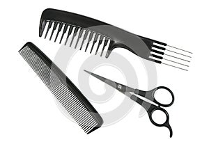 Two black professional combs and scissors.
