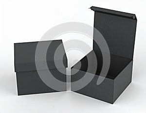 Two Black Rectangular Boxes, One Open, on White Background