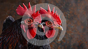 Two black and red chickens with bright orange beaks standing next to each other, AI photo