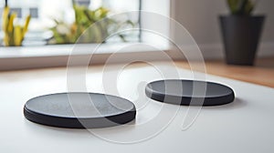 Two black round objects on a white table