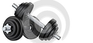 Two of black rubber metal Dumbbell with copy space. 3d rendering illustration isolated on white background. Gym, fitness