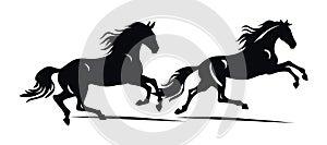 Two black silhouetted horses galloping side by side on a plain white background. Dynamic equestrian theme of animals in