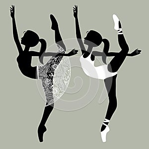 Two black silhouettes of beautiful dancing girls in white ballerina dresses