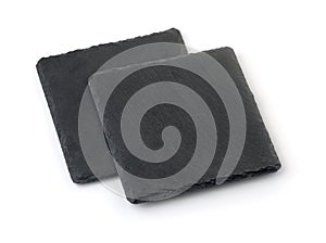 Two black square empty slate stone plates