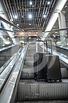 Two black suitcases ascending an escalator in a contemporary airport.