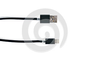 Two black USB cable connectors for iphone, ipad on white isolated background. Horizontal frame