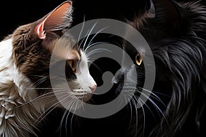 two black and white cats face to face