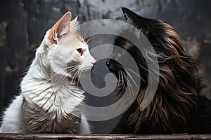 two black and white cats face to face