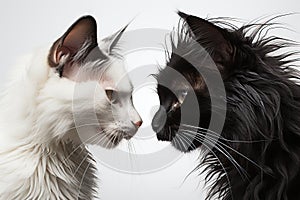 two black and white cats face to face