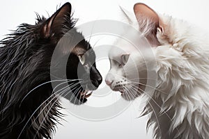 two black and white cats face to face