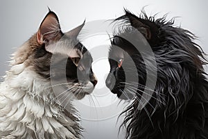 two black and white cats face to face