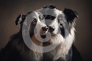 two black and white dogs are looking at the camera with their eyes wide open