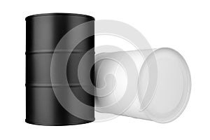 Two black and white metal barrels isolated close up, oil drum, steel keg, blank closed food tin can, aluminium cask, petroleum