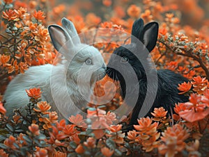 Two Black and White Rabbits Among Orange Flowers