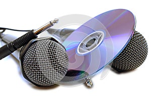 Two black wired karaoke microphones and CD.