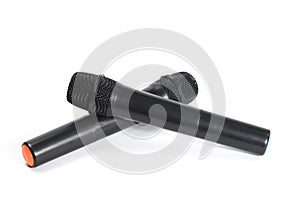 Two black wireless condenser microphones on white background