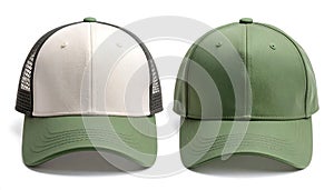 Two Blank Baseball Caps: Green and Two-Tone Trucker Cap on White