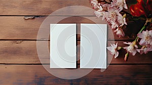 two blank business cards elegantly placed alongside fresh flowers on a wooden table. The flat lay, minimalist style, and