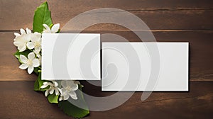 two blank business cards elegantly placed alongside fresh flowers on a wooden table. The flat lay, minimalist style, and