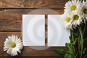 two blank cards mockup on wooden background surrounded by daisies flowers, template white sheet of paper for design