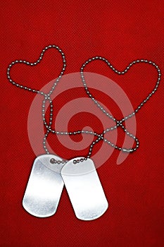 Two blank dog tags on red background