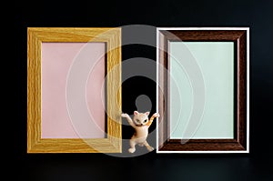 Two blank empty frames for pictures, photos or ads. Next to a funny toy dancing cat from a meme. Black background. A memorable