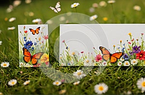 Two Blank greeting card with butterfly and daisies in the meadow