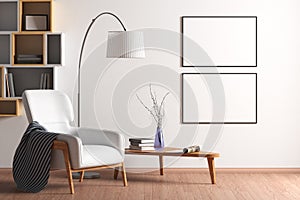 Blank poster mock up with black frame on the wall in living room interior