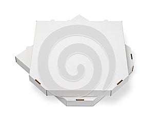 Two blank paper cardboard pizza boxes isolated on white background. Food to go package. Top view