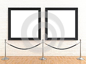 Two blank picture frame on brick wall, with stand rope barriers, 3D rendering