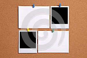 Two blank polaroid style photo prints with index cards on cork notice board, copy space