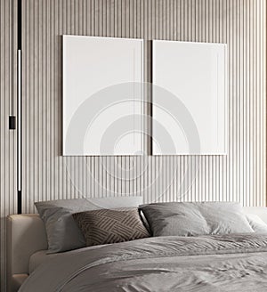 Two blank poster frames in modern bedroom interior for mock up, 3d illustration