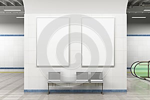 Two blank posters mock up on the wall of underground subway station