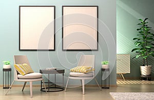 Two blank posters mockup with frame on the wall in living room interior design scandinavian style. 3D illustration