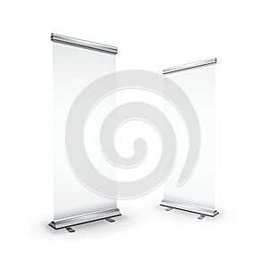 Two blank realistic roll-up banners on white