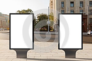 Two blank vertical street billboards