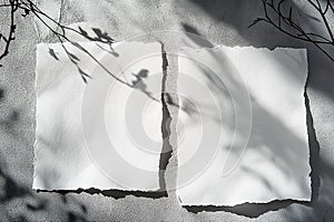 Two Blank White Papers and Leaf Shadows on Gray Background Product Presentation