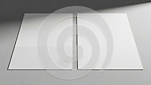 Two blank white rectangular cards casting subtle shadows on a neutral gray surface