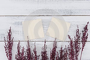 Two blank wooden board decorate with violet dried flower