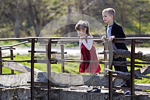 Two blond pretty children, small long-haired girl and cute boy leaning on wooden railings of old bridge looking intently down on w