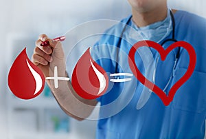 Two blood drops equals healthy heart, blood transfusion concept