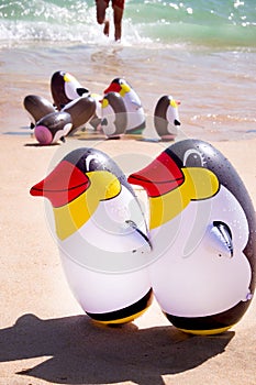 Two blow up penguins on a sandy beach with a group blow up peguins behind