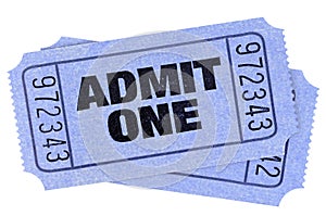 Two blue admit one movie tickets stubs isolated cut out white