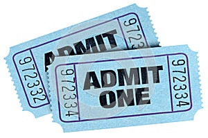 Two blue admit one tickets isolated on white background.