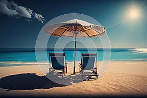 Two blue beach chairs under the parasol, on tropical beach shore. Summer holiday, vacation background