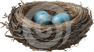 Two Blue Bird Eggs in a Brown Nest