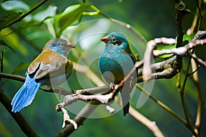 Two blue birds on the branch.