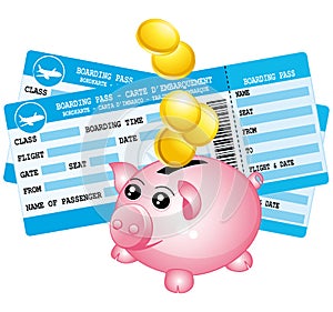 Two blue boarding passes and piggy bank icon.