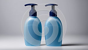 Two blue bottles of lotion on a white background