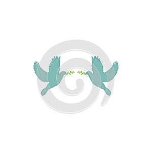 Two blue doves with green olive sprig on white background. Peace vector illustration